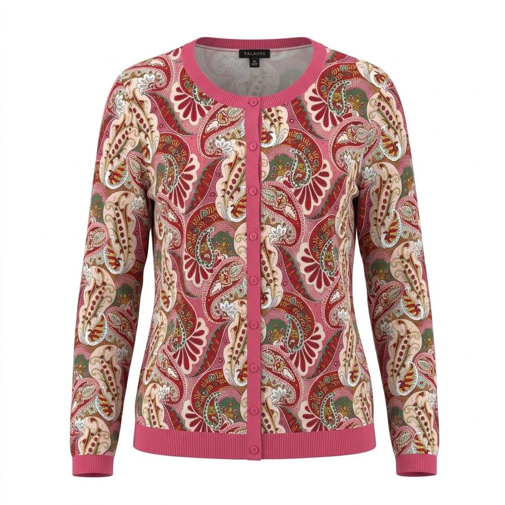 Talbots Pink Paisley Knit Button Front Cardigan Sweater Women Size XL